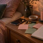 Bedside table covered in sticky notes, a phone, a notebook and an unlit candle