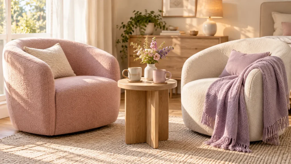 Two comfortable chairs facing each other beside a table with two mugs.