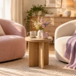Two comfortable chairs facing each other beside a table with two mugs.