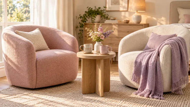 Two comfortable chairs facing each other beside a table with two mugs.