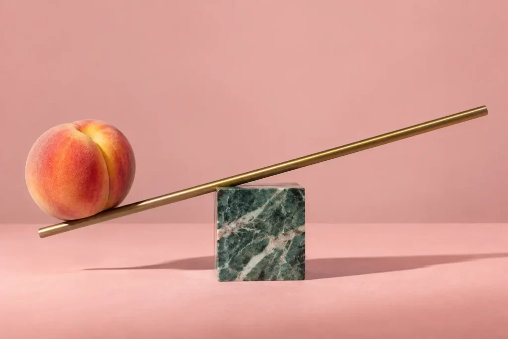 Peach on a brass rod balanced unevenly on a green marble block
