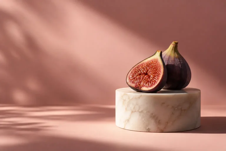 Halved fig on a marble pedestal against a blush backdrop