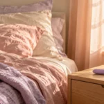 Lilac bullet vibrator on a bedside table beside softly lit peach curtains.