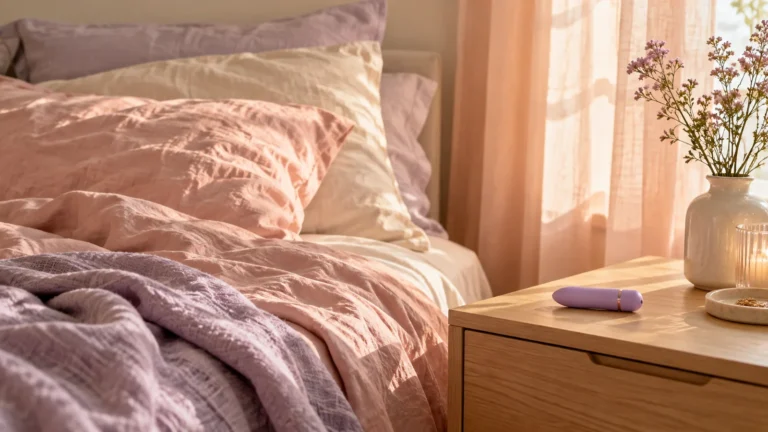 Lilac bullet vibrator on a bedside table beside softly lit peach curtains.