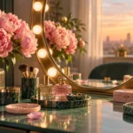 Lit vanity mirror beside a vase of pink peonies at sunset