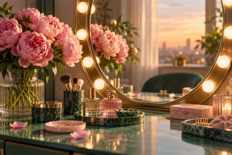 Lit vanity mirror beside a vase of pink peonies at sunset