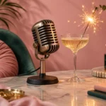 Vintage microphone beside a lit sparkler and a glass of champagne
