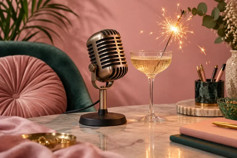 Vintage microphone beside a lit sparkler and a glass of champagne