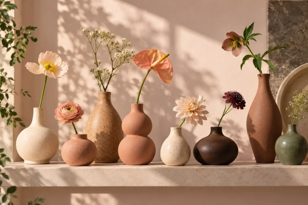 Ceramic vases in tones from cream to deep brown, each holding a single flower stem