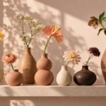Ceramic vases in tones from cream to deep brown, each holding a single flower stem