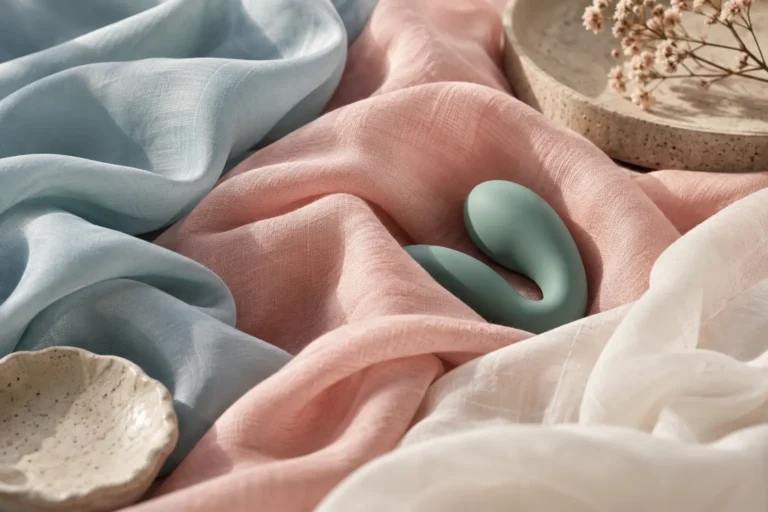 Sea-green vibrator on folded pale blue, pink and white fabric