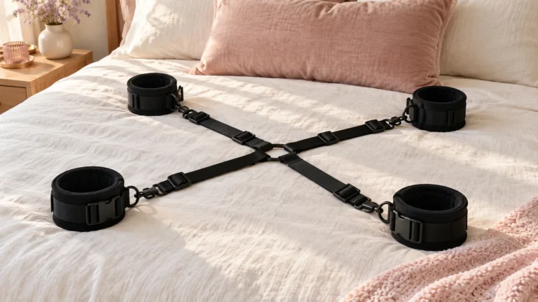 Four padded cuffs and woven straps displayed on a cream linen bed.