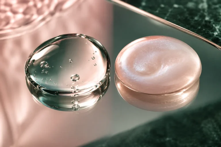 Two droplets on a mirror, one clear and one pearlescent pink