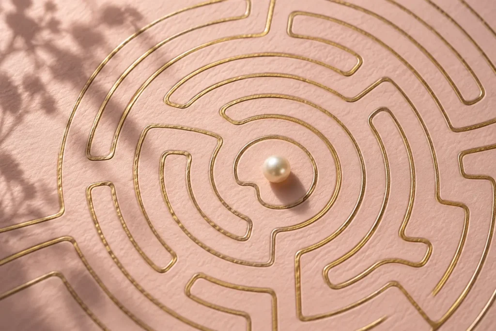 Gold-line maze on blush paper with a pearl near the centre
