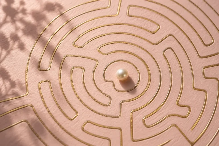 Gold-line maze on blush paper with a pearl near the centre
