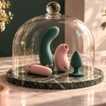 Sea-green and pink sex toys under a glass cloche on a marble base