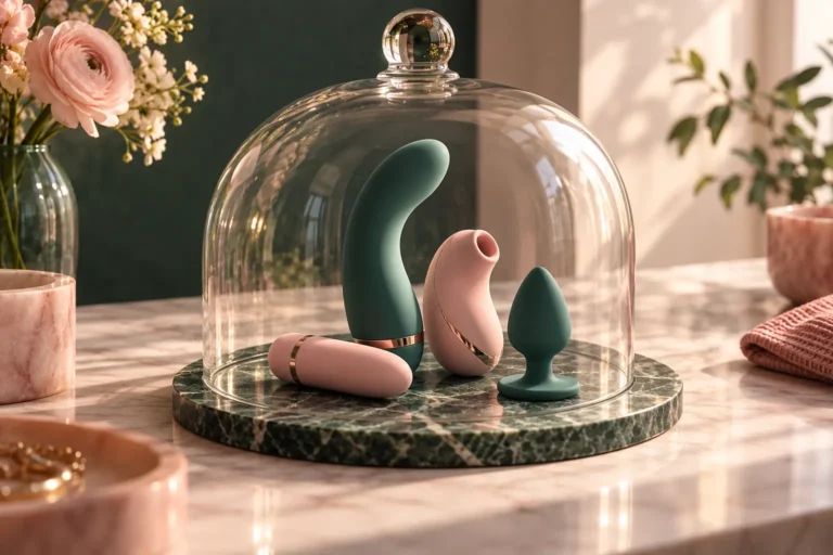 Sea-green and pink sex toys under a glass cloche on a marble base